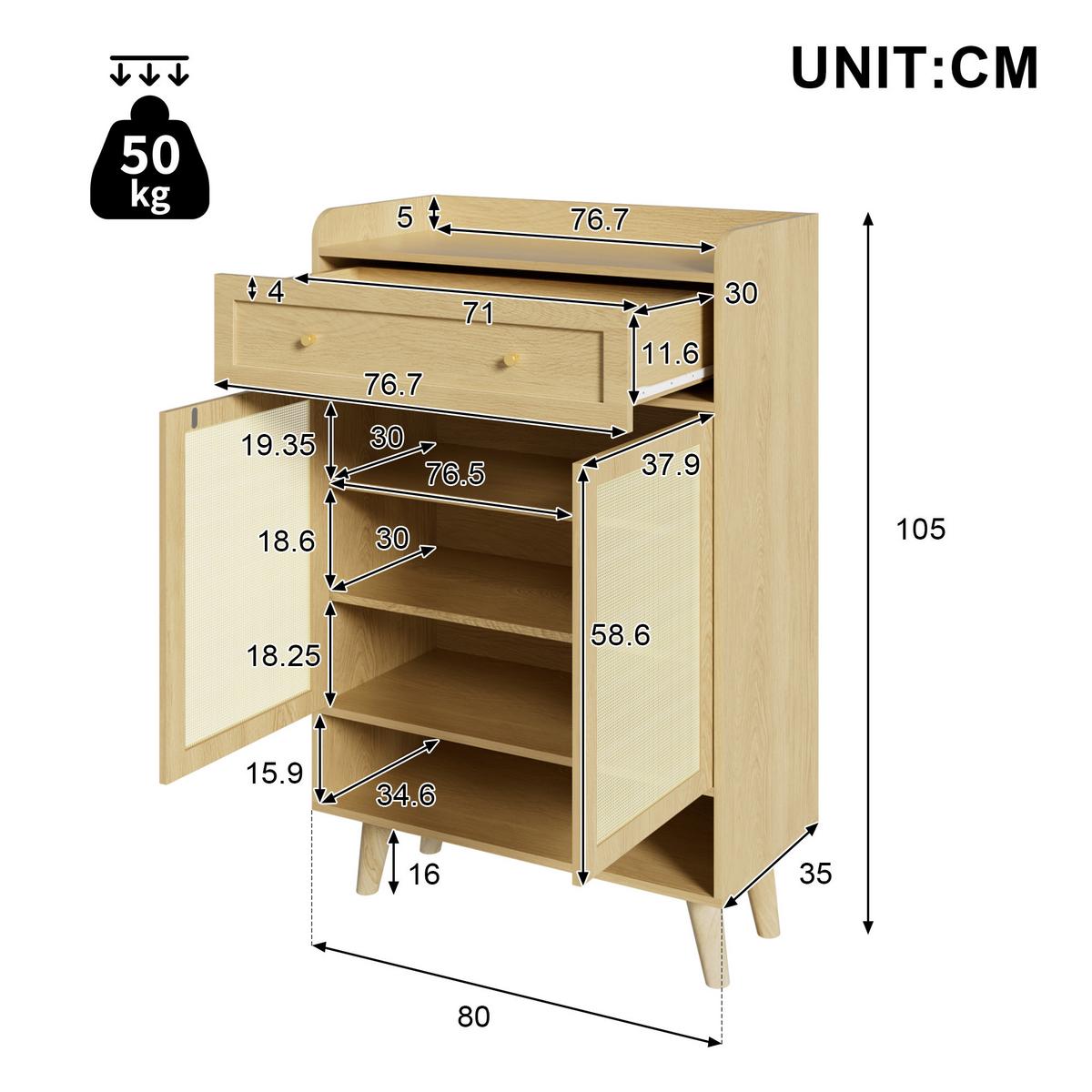 SCHUHSCHRANK Rattan Optik Eiche Hell mit Schublade & 2 Türen - Eichefarben, Holzwerkstoff (80/105/35cm) - Urban Meuble