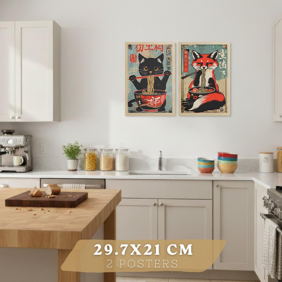 POSTER 4er Set Japanische Ramen Tier-Wandbilder Katze Fuchs und Hase Nudeln Vintage Küche Deko Leichter Holzrahmen A4 - Beige, Papier (29.7/1/21cm) - Nacnic