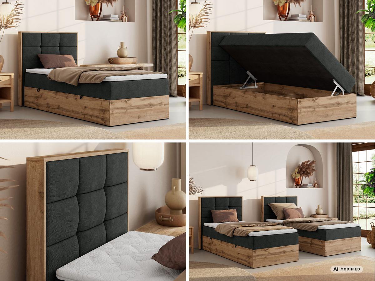 BOXBETT ALBERO 1 90/200 - Dunkelgrau Stukture - Topper T25 - H3 - Links - Taupe/Dunkelgrau, Kunststoff/Textil (90/200cm) - MKS