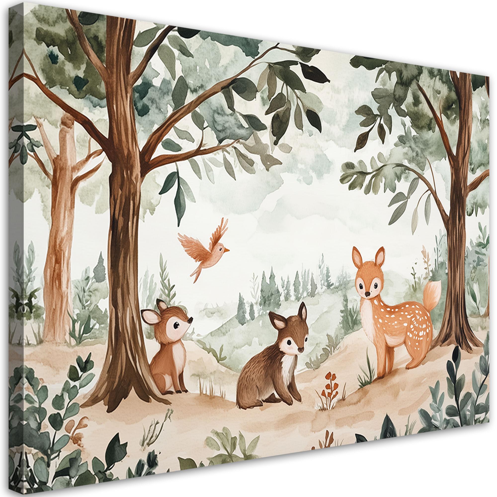 LEINWANDBILD Hirsch Vogel Waldtier Beige 90x60cm - Grün, Textil (90/60cm) - Feeby