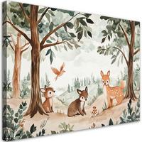 LEINWANDBILD Hirsch Vogel Waldtier Beige 100x70cm - Grün, Textil (100/70cm) - Feeby
