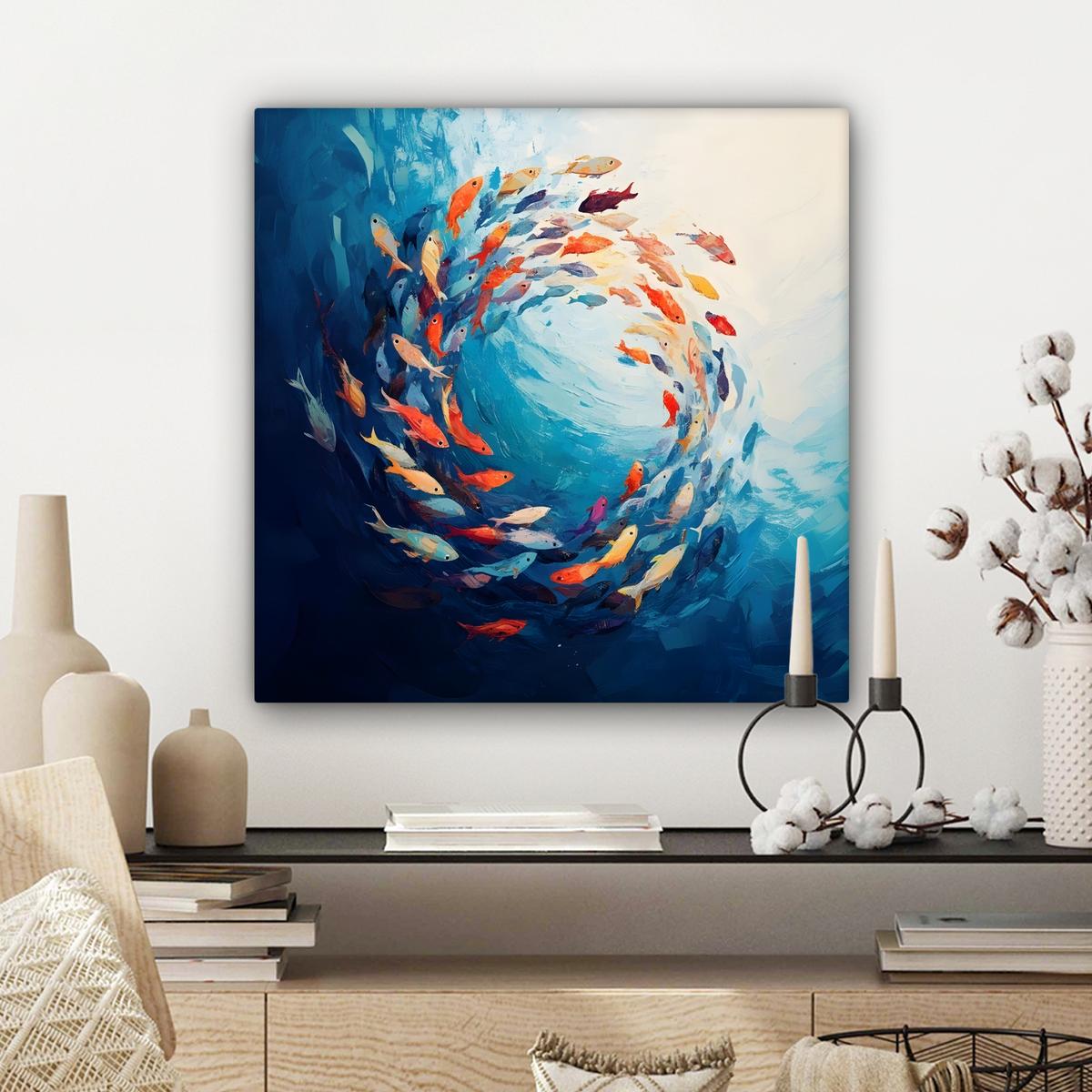 LEINWANDBILD Meer - Fische - Bunt - Dynamisch Wandbild Wohnzimmer 50x50 cm - Hellblau, Textil (50/50cm) - MuchoWow