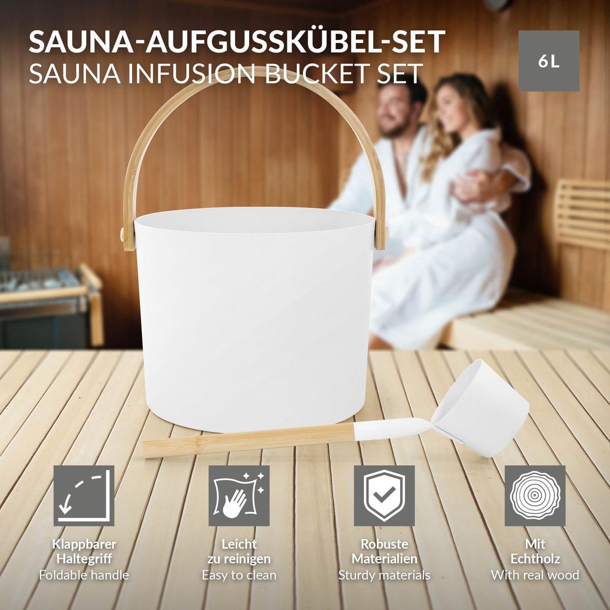 SAUNAZUBEHÖR-SET aus Aluminium & Holz, Weiß, Aufgusskübel & Schöpfkelle - Weiß, Metall (24/34/32.5cm) - LuxeBath
