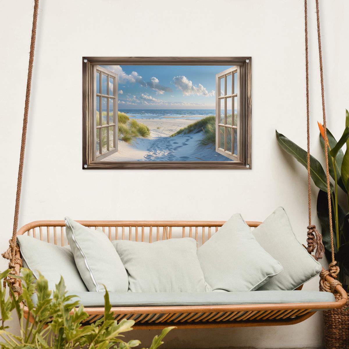 GARTENPOSTER Aussicht - Strand - Fenster - Dünen - Meer Gartendeko 90x60 cm - Hellblau, Kunststoff (90/60/0.2cm) - OnlyWow