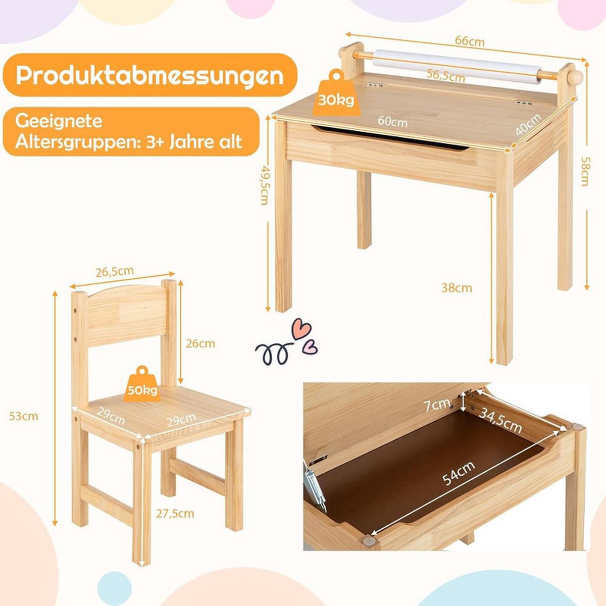 KINDERSCHREIBTISCH mit Stuhl natur(2-tlg) - Naturfarben, Holz (66/58/40cm) - COSTWAY