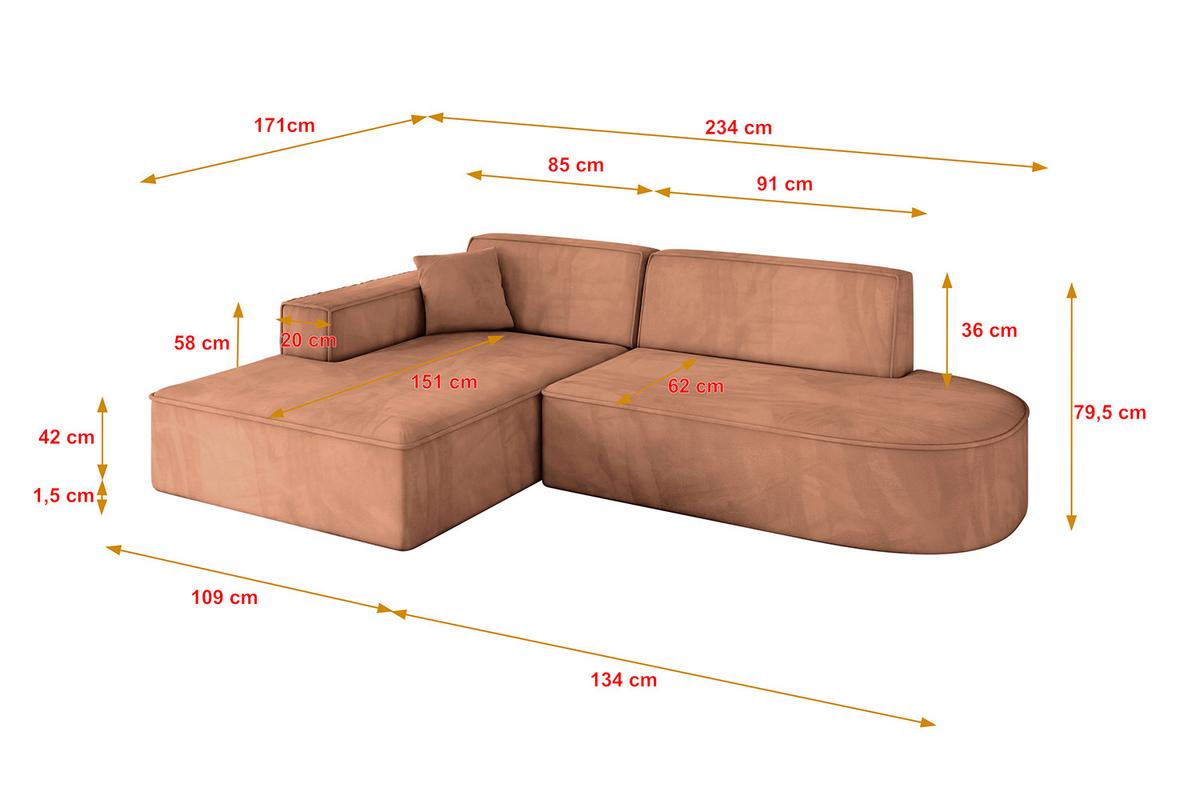 ECKSOFA Ottomane Links IREA-L1-v4 - 234x171x79 cm Koralle - Koralle, Holzwerkstoff/Textil (234/171cm) - ALTDECOR
