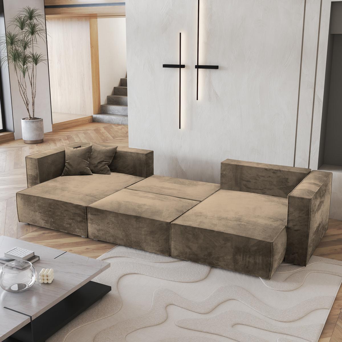 WOHNLANDSCHAFT SARMO M Beige Velours-Stoff mit Schlaffunktion - Beige/Grau, Holz/Kunststoff (347/70/148cm) - MASSENO