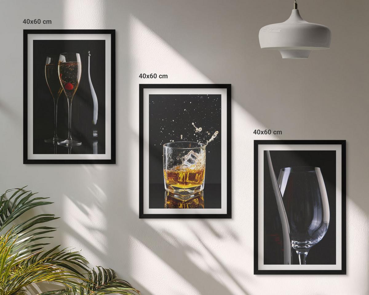 BILDER SET 3er Set - 40x60 cm Schwarzer Rahmen - Weingläser und Whiskygläser auf schwarzem Hintergrund - Schwarz, Kunststoff (40/60cm) - TULUP