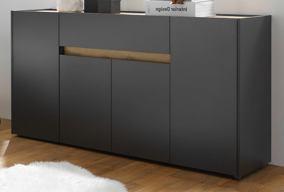 SIDEBOARD grau matt, Eiche Wotan 170 x 87 cm, Kommode 4-türig - Eiche Wotan/Schwarz, Holzwerkstoff/Kunststoff (170/87/40cm) - Furn.Design