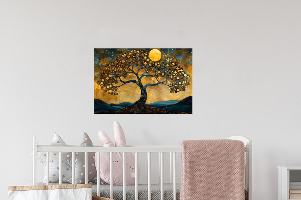 WANDTATTOO Baum - Mond - Blumen - Gold - Kunst Deko Wohnzimmer 60x40 cm - Orange, Kunststoff (60/40/0.1cm) - MuchoWow