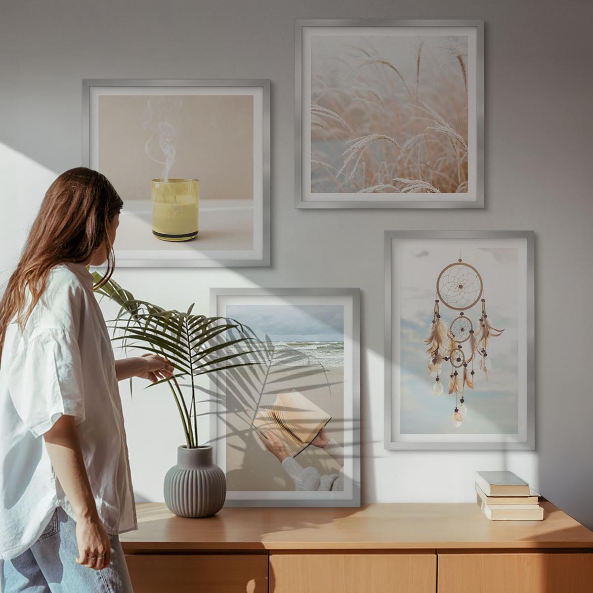 BILDER SET 4er Set - 50x50 cm & 40x60 cm Silberner Rahmen - Sommerlandschaften im Boho-Stil - Silberfarben, Kunststoff (50/50cm) - TULUP