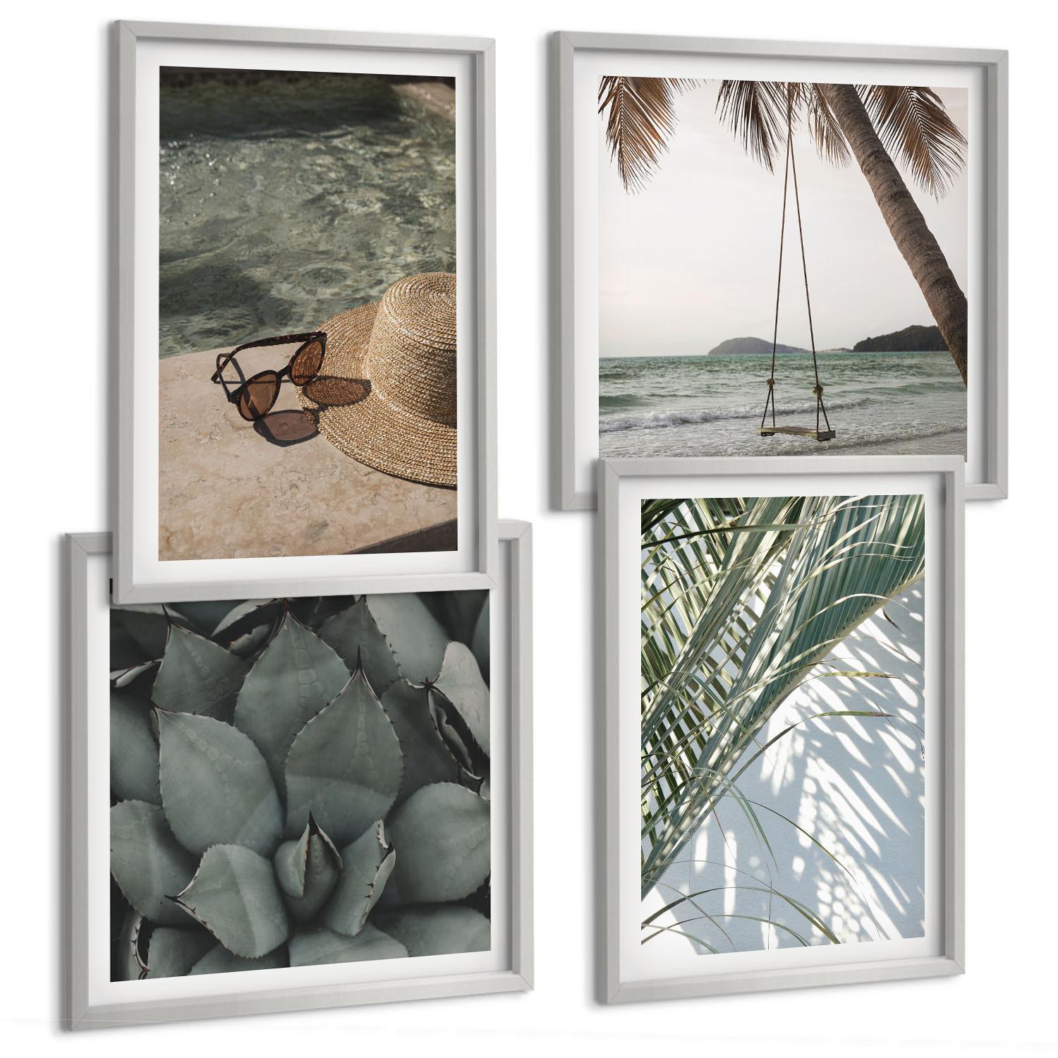 BILDER SET 4er Set - 50x50 cm & 40x60 cm Silberner Rahmen - Tropische Pflanzen für den Urlaub - Silberfarben, Kunststoff (50/50cm) - TULUP
