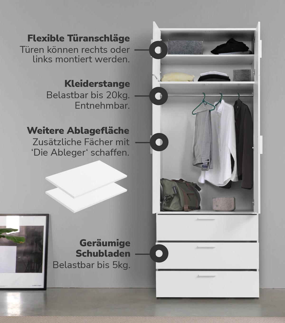 KLEIDERSCHRANK Der Grenzenlose - Weiß, Holzwerkstoff (90/234/58cm) - Mokebo