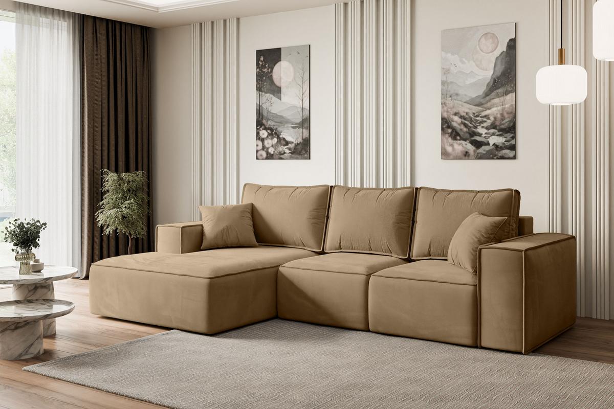 ECKSOFA mit Schlaffunktion und Bettkasten SERRA-L-S - 266x161x87 cm Beige Velours - Beige/Schwarz, Holzwerkstoff/Kunststoff (266/161cm) - ALTDECOR