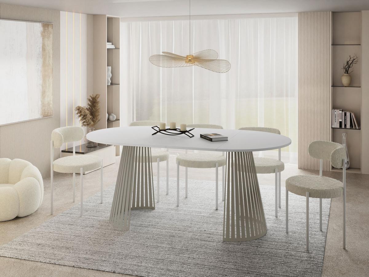 ESSTISCH Naro rund ausziehbar mit Lamellen-Metallgestell in Grau-Beige, Weiß 120-200/120/76 cm - Kaschmir/Weiß, Holzwerkstoff/Metall (120/196/76cm) - WFL GROUP