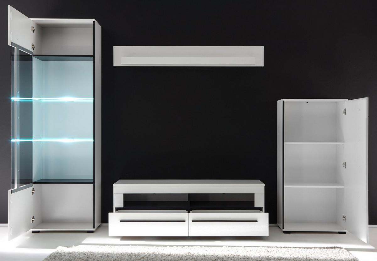 WOHNWAND Hochglanz weiß 280 cm, zeitloses Design, mit Soft-Close - Weiß Hochglanz/Schwarz, Glas/Holzwerkstoff (280/200/42cm) - Furn.Design