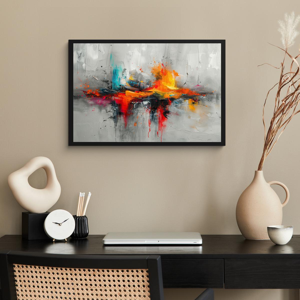 POSTER MIT RAHMENGERAHMTES BILD Moderne Kunst - Orange - Grau - Abstrakt 60x40 cm - Hellgrau, Papier (60/40cm) - MuchoWow