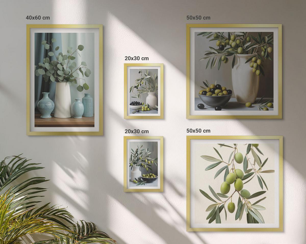 BILDER SET 5er Set - 50x50 cm & 20x30 cm & 40x60 cm Goldrahmen - Oliven in Vasen in gedeckten Farben - Goldfarben, Kunststoff (40/60cm) - TULUP