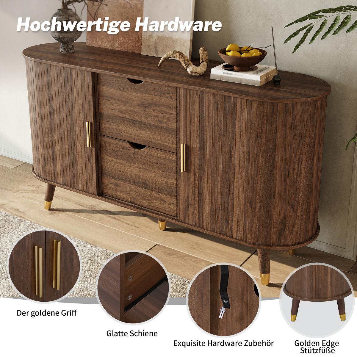 SIDEBOARD walnuss rund 140cm schiebetüren schubladen - Walnussfarben, Holzwerkstoff (140/79.5/40cm) - Urban Meuble