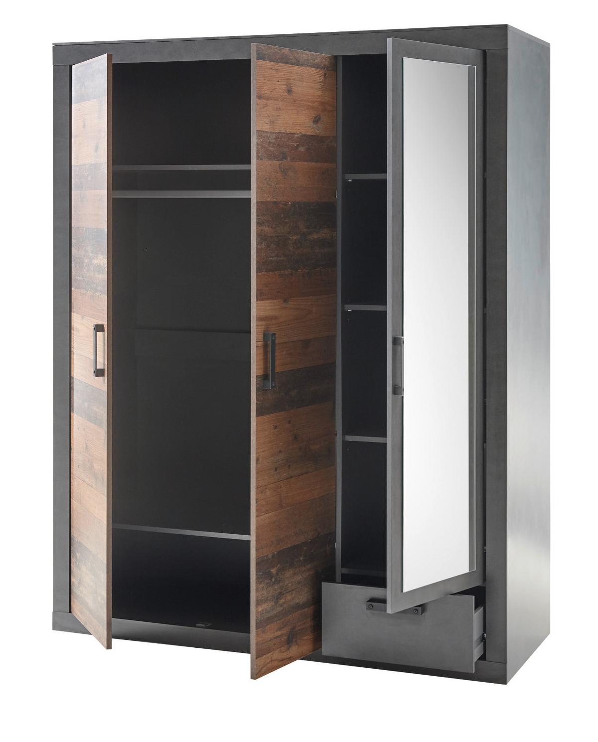 KLEIDERSCHRANK Old Used Wood Shabby Design mit grau, Drehtürenschrank 3-türig mit Spiegel, 150 x 201 cm - Braun/Grau, Holzwerkstoff/Kunststoff (150/201/62cm) - Furn.Design