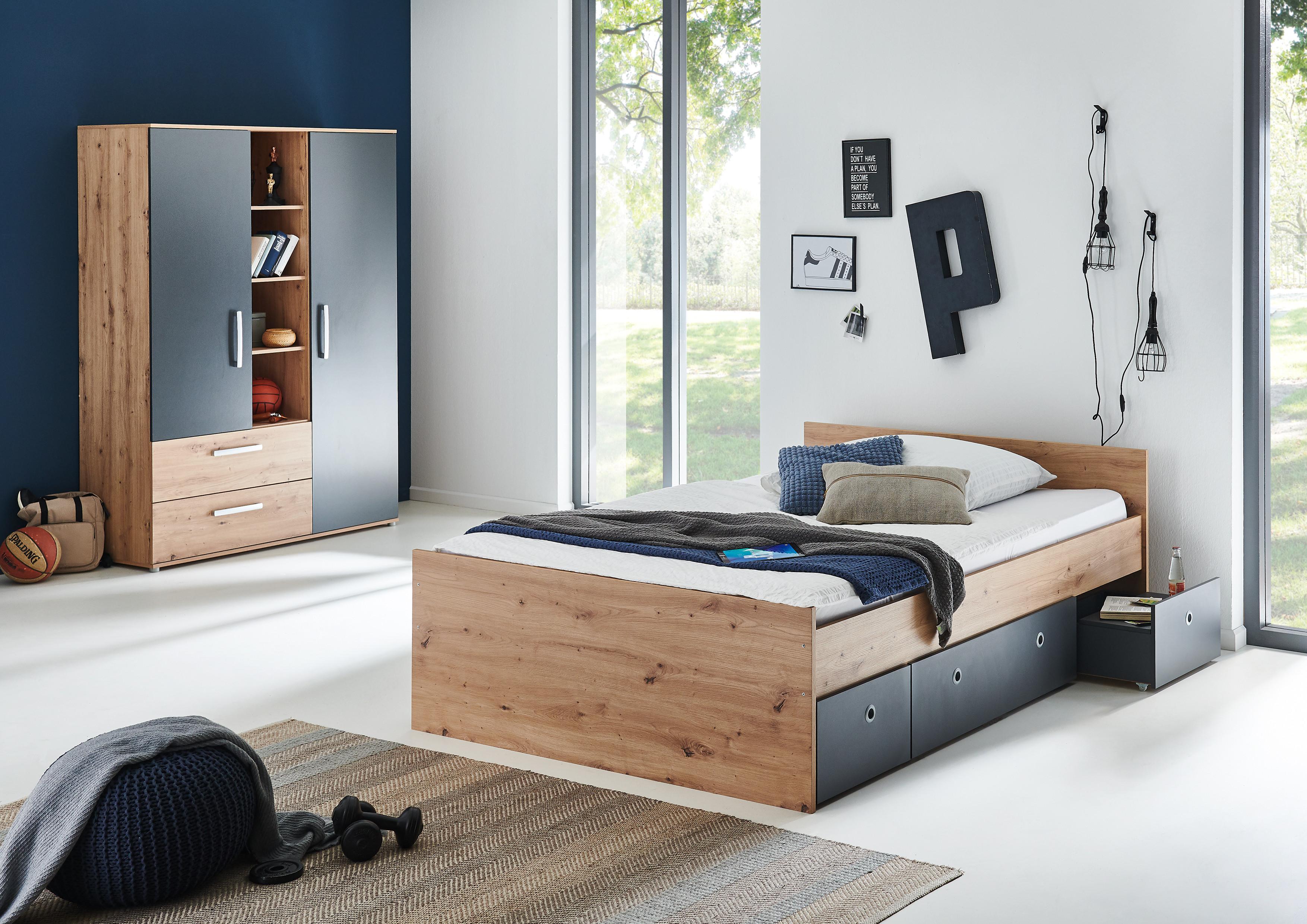 JUGENDZIMMER SET 3-tlg. Bett Kleiderschrank Bettkästen - Anthrazit/Silberfarben, Holzwerkstoff/Kunststoff (140/1/200cm) - arthur berndt