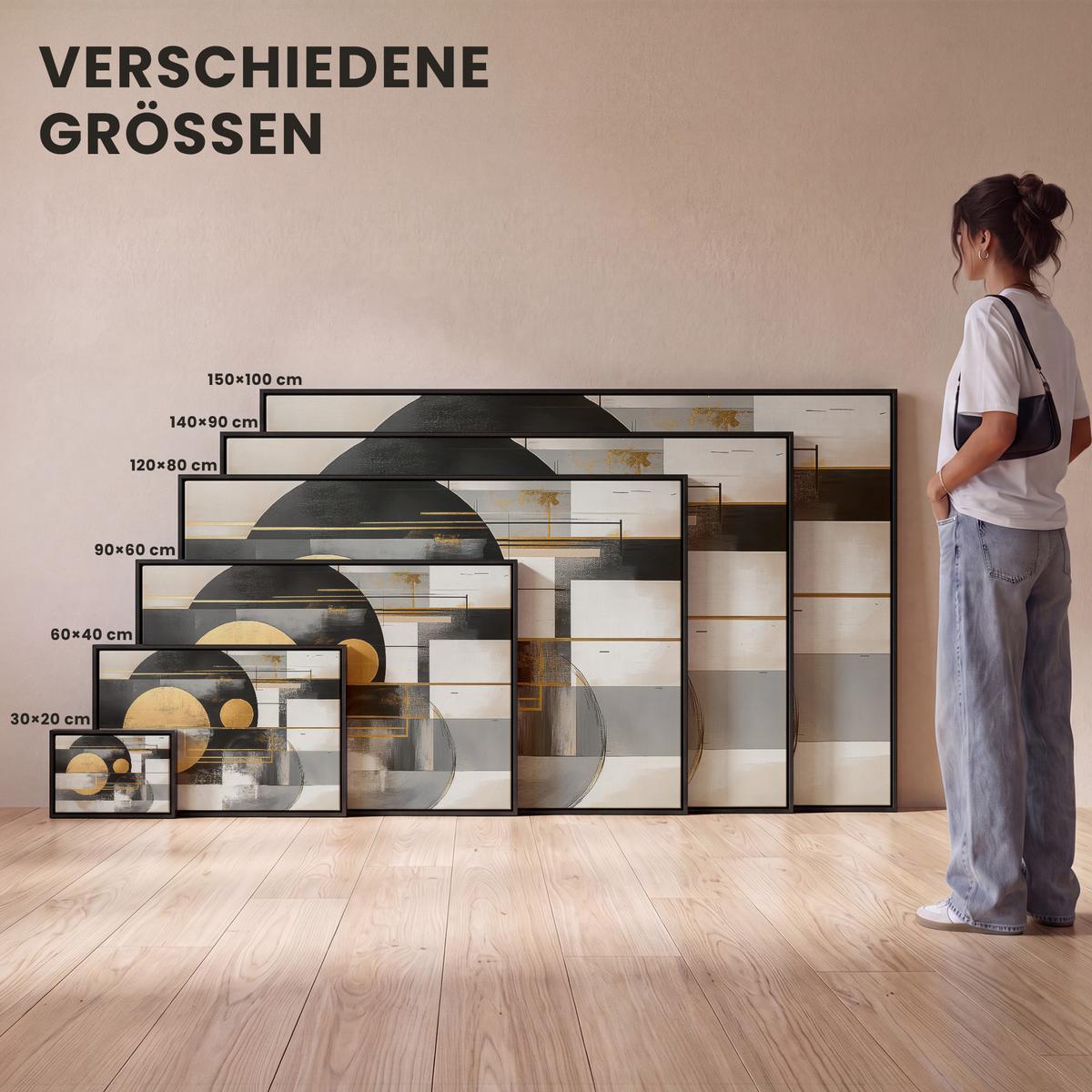 LEINWAND Bilder mit Rahmen - Abstrakt - Gold - Silber - Formen - Ästhetisch - Modern - 140x90 - Goldfarben, Textil (140/90cm) - MuchoWow