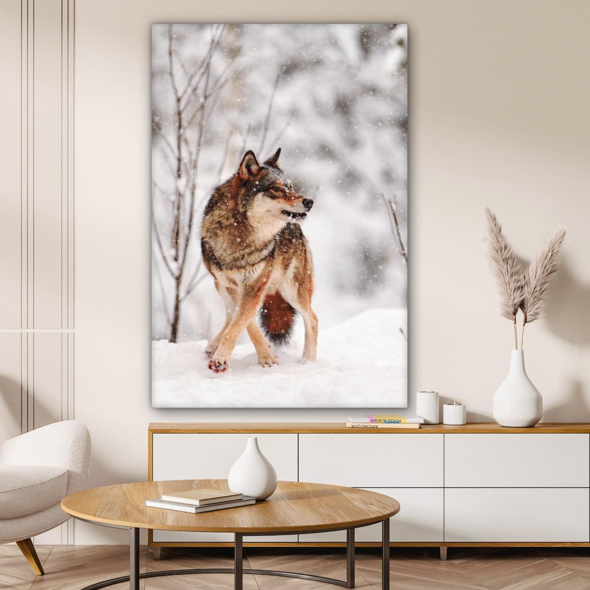 LEINWANDBILD Wolf - Winter - Schnee - Natur - Tiere Deko XXL 80x120 cm - Haselnussfarben, Textil (80/120cm) - MuchoWow