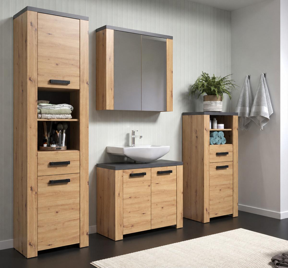 HOCHSCHRANK Eiche Artisan, grau 53 x 196 cm, Badschrank mit 6 Fächern und Vollauszug - Eichefarben/Schwarz, Holzwerkstoff/Kunststoff (53/196/35cm) - Top.Furn