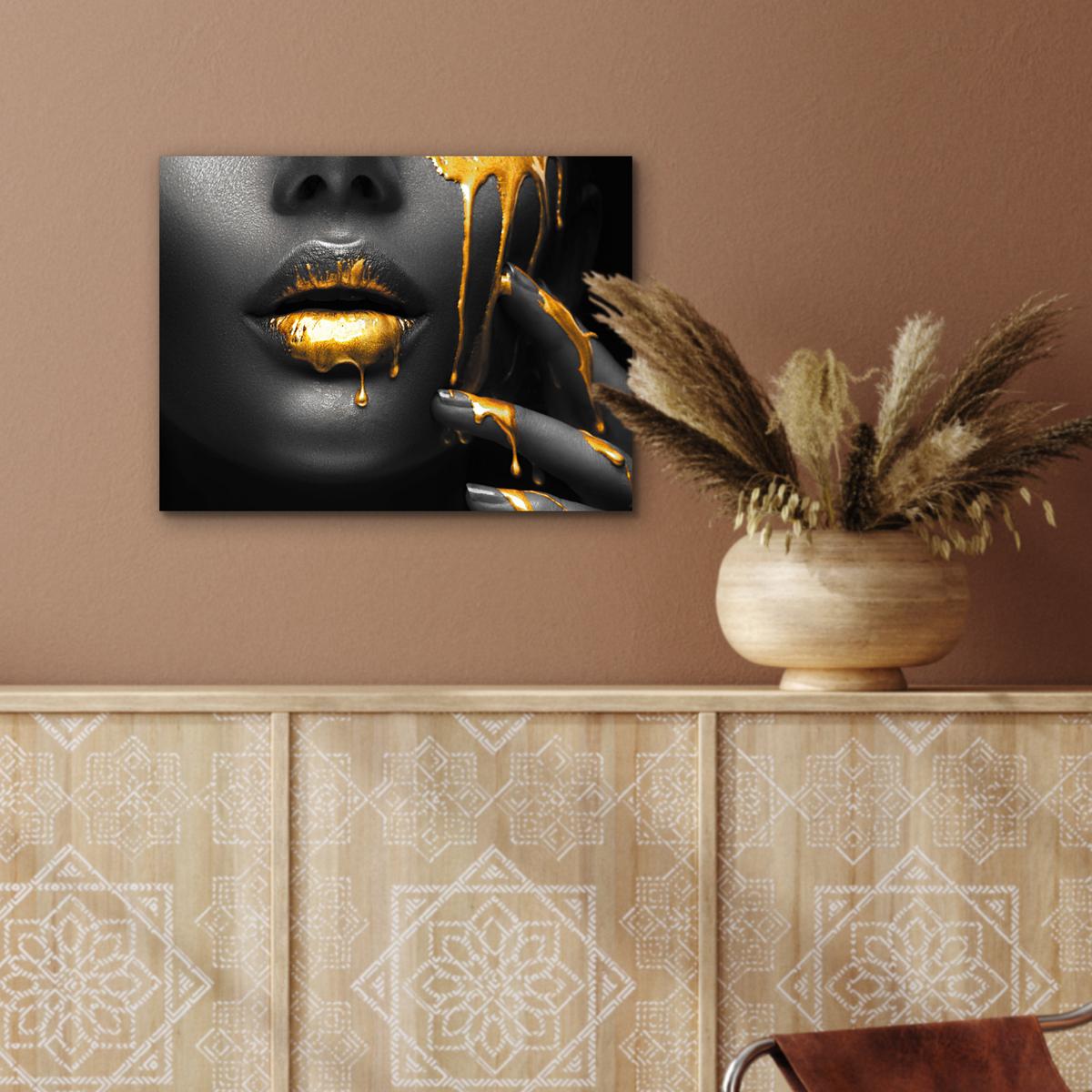 METALLBILD Frau - Schwarz - Gold - Gesicht - Lippen 40x30 cm - Goldfarben, Metall (40/30cm) - MuchoWow