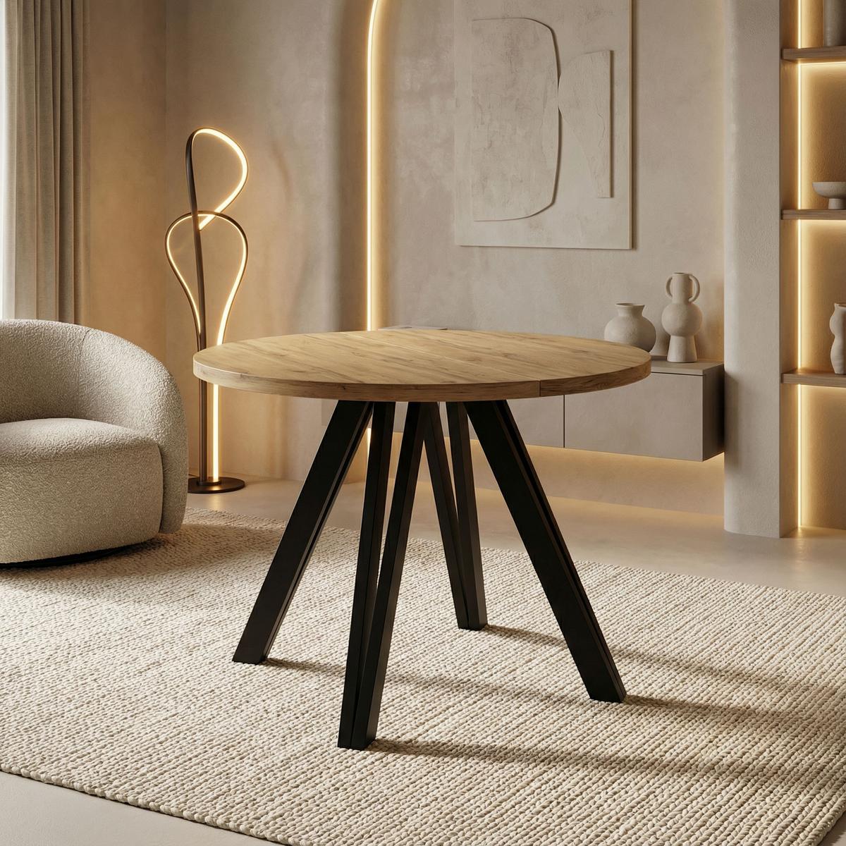 ESSTISCH Ravero runder ausziehbarer, Eiche Braun 100-140/100/77 cm - Eiche Wotan/Schwarz, Holz/Holzwerkstoff (100/140/76.5cm) - WFL GROUP