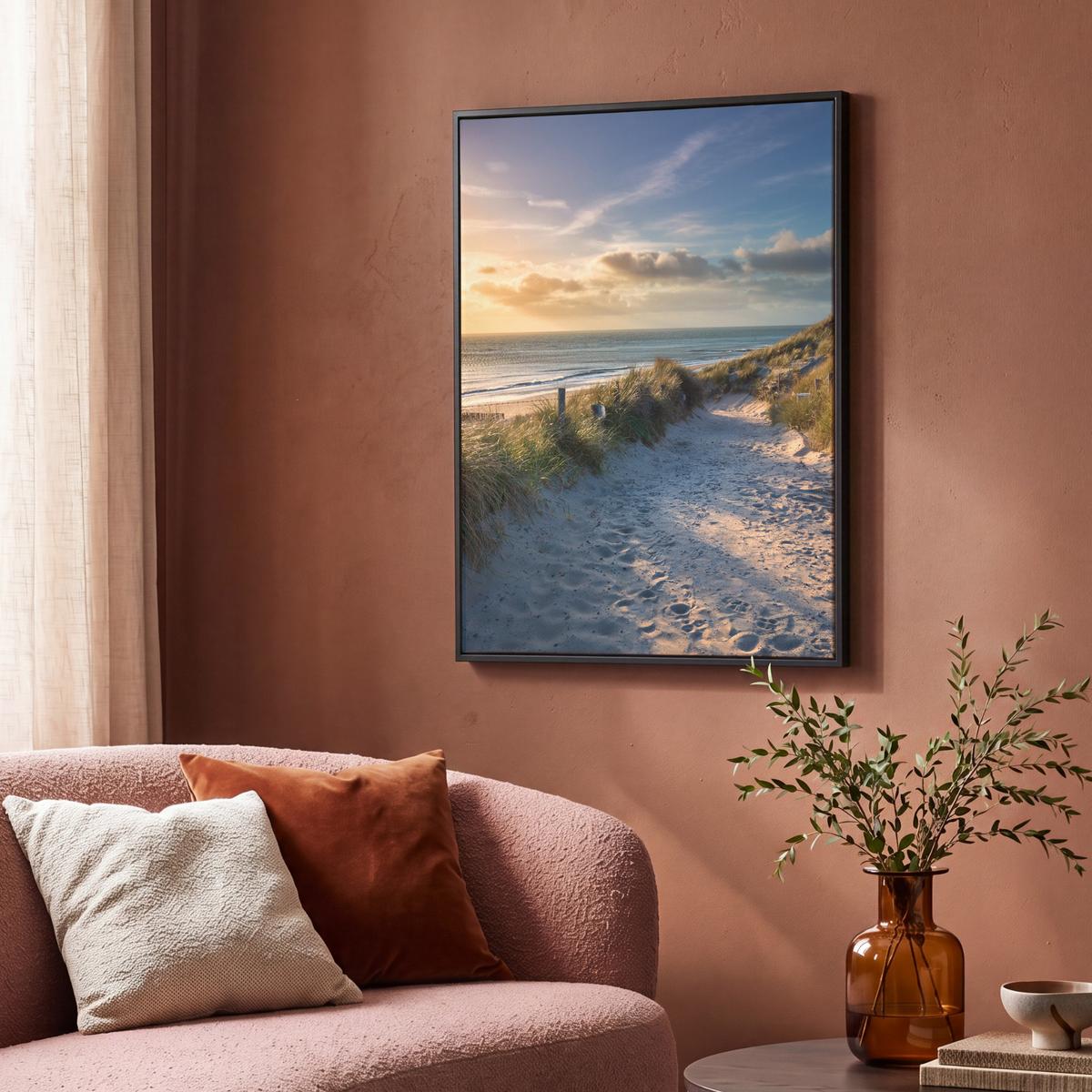 LEINWAND Bilder mit Rahmen - Sonnenuntergang - Strand - Düne - Gras - Ufer - 70x100 - Sandfarben, Textil (70/100cm) - MuchoWow