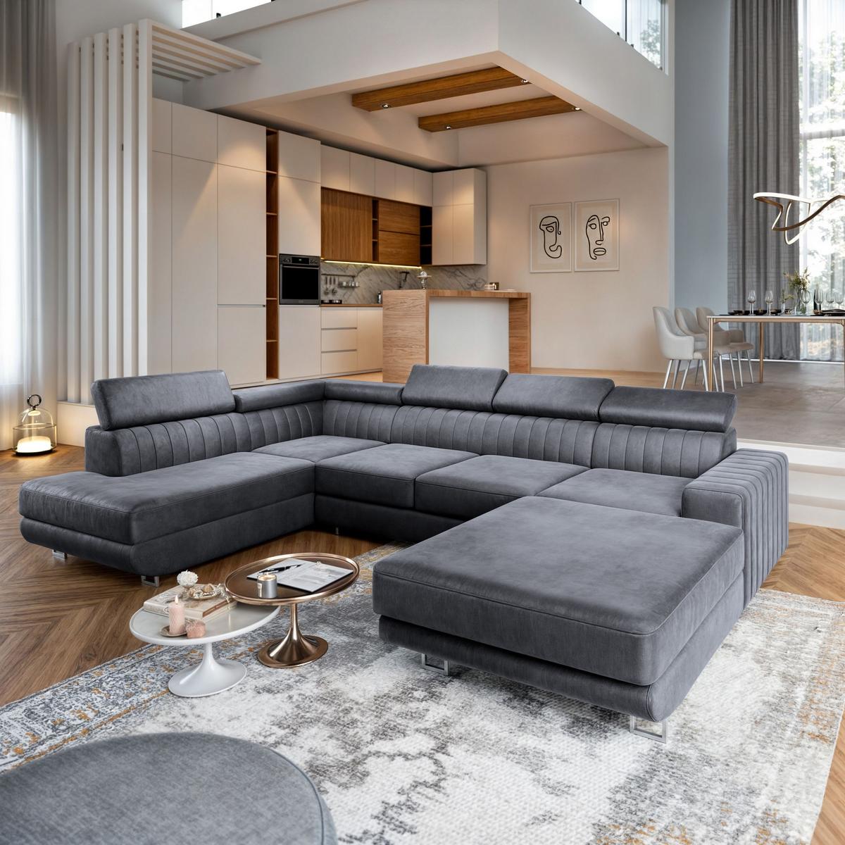 WOHNLANDSCHAFT SIENA L-S Grau Velours-Stoff mit Schlaffunktion - Silberfarben/Grau, Holz/Textil (335/89/190cm) - MASSENO