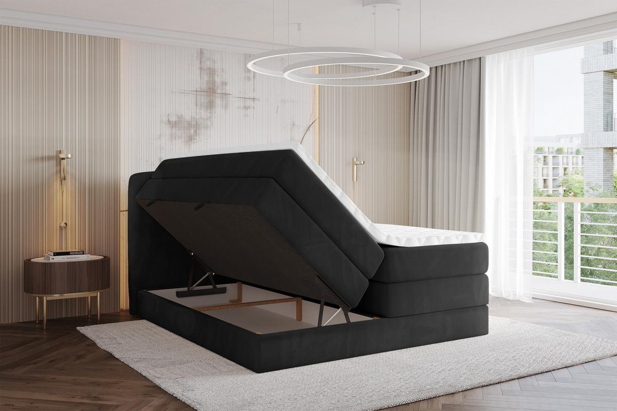 BOXBETT mit Matratze H3|H4 - NINA KING - 200x200 cm - Schwarz - Schwarz Hochglanz, Holzwerkstoff (200/200cm) - ALTDECOR