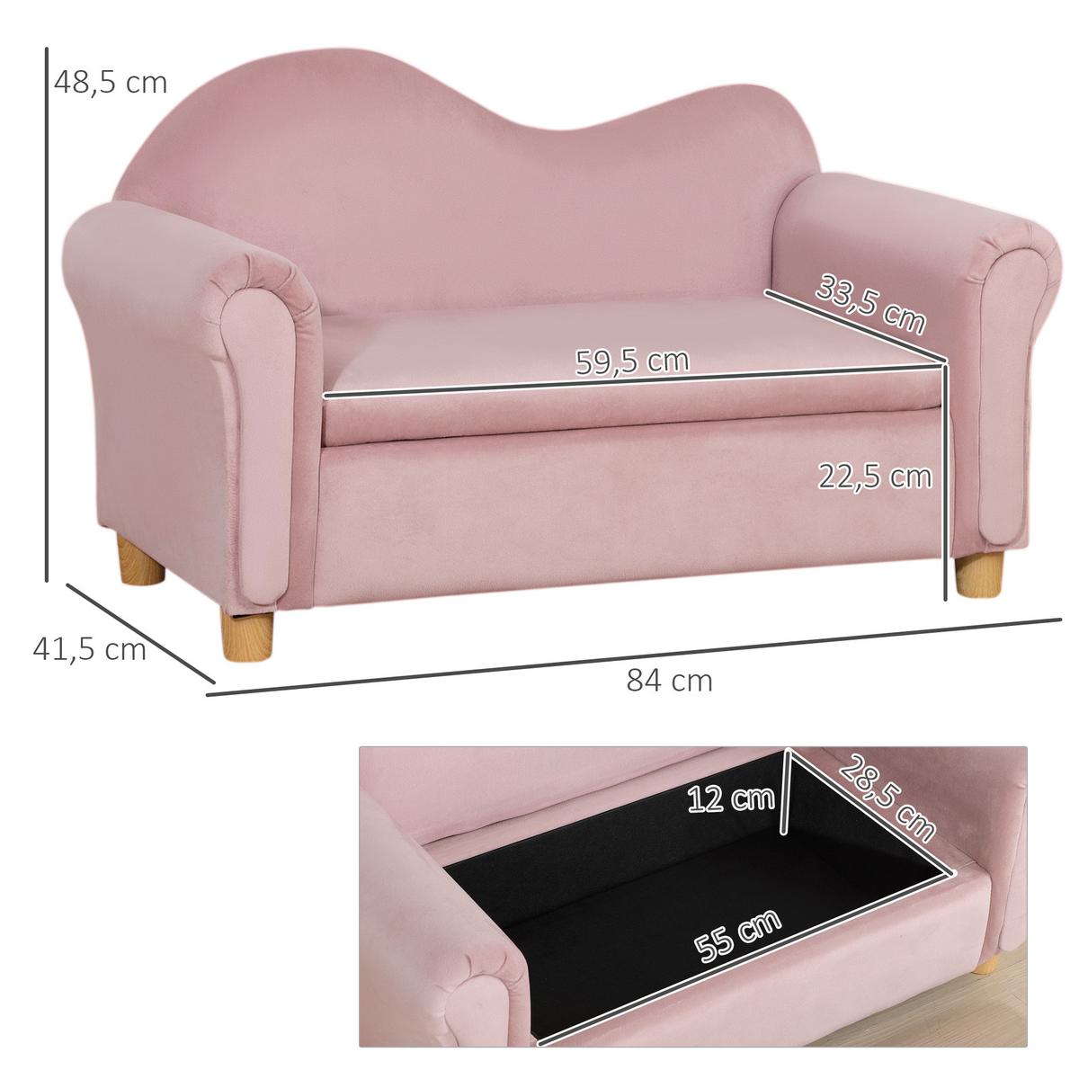KINDERSOFA Kindercouch mit Stauraum, Spielsofa, Zweisitzer für Kinder 3-5 Jahre - Rosa, Kunststoff (41.5/48.5/84cm) - HOMCOM