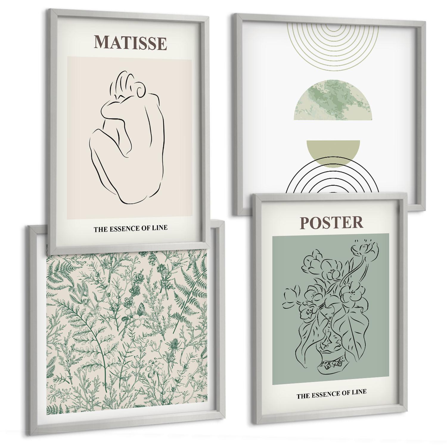 BILDER SET 4er Set - 50x50 cm & 40x60 cm Silberner Rahmen - Linien, Pflanzenmuster, Minimalismus - Silberfarben, Kunststoff (50/50cm) - TULUP