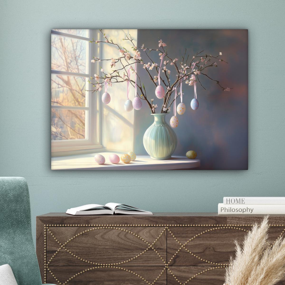 LEINWANDBILD Stillleben - Vase - Osterzweig Wandbilder 80x60 cm - Hellblau, Textil (80/60cm) - MuchoWow