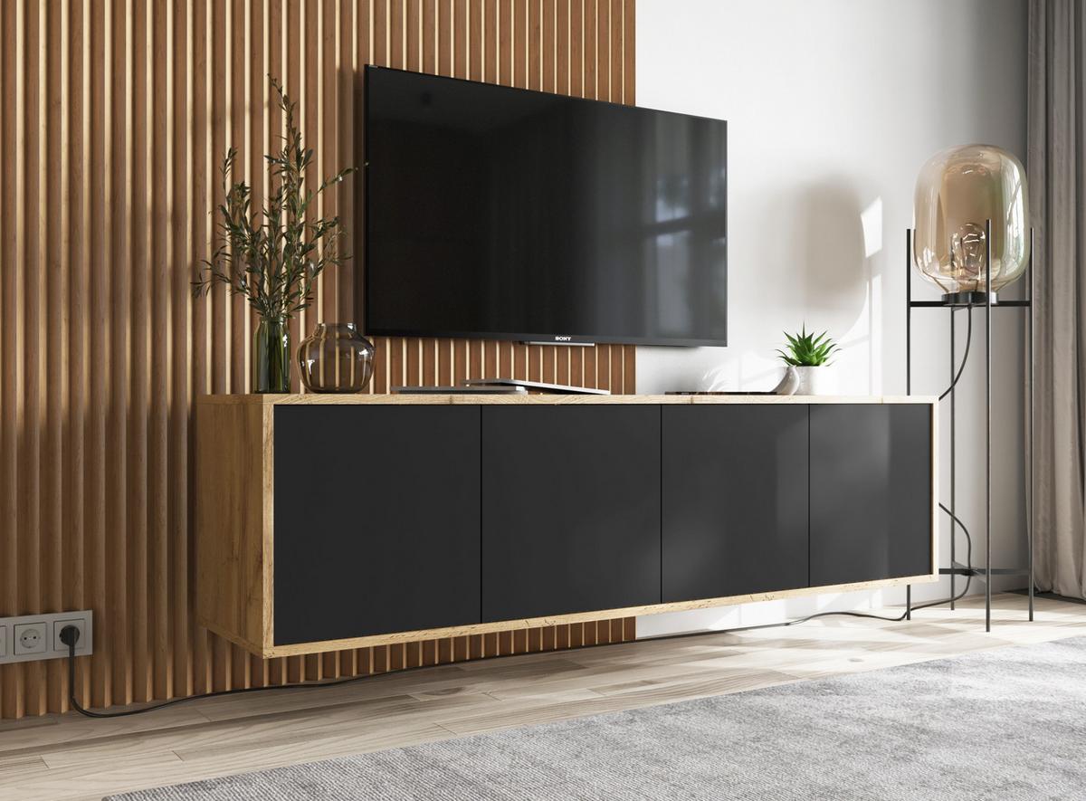 TV-SCHRANK Apollo2 Eiche wotan Schwarz Matt 150 cm - Schwarz, Holzwerkstoff (150/39/35cm) - Meble Lindner