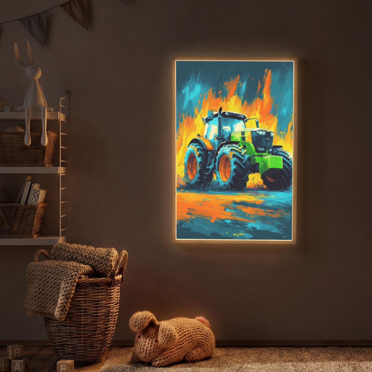 WANDLEUCHTE MIT AKKU Abstrakt - Traktor - Grün 70x100 cm - Dunkelblau, Holzwerkstoff (70/100/8cm) - OnlyWow