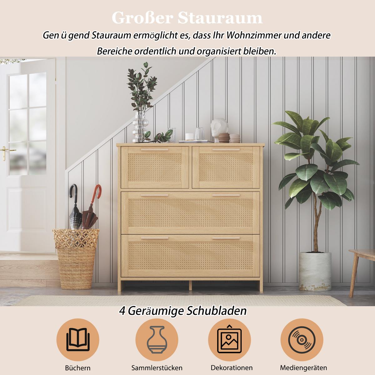 SIDEBOARD Rattan kommode mit 4 Schubladen & Massivholz Griffen - Eichefarben, Naturmaterialen/Holzwerkstoff (80/80/38cm) - Urban Meuble