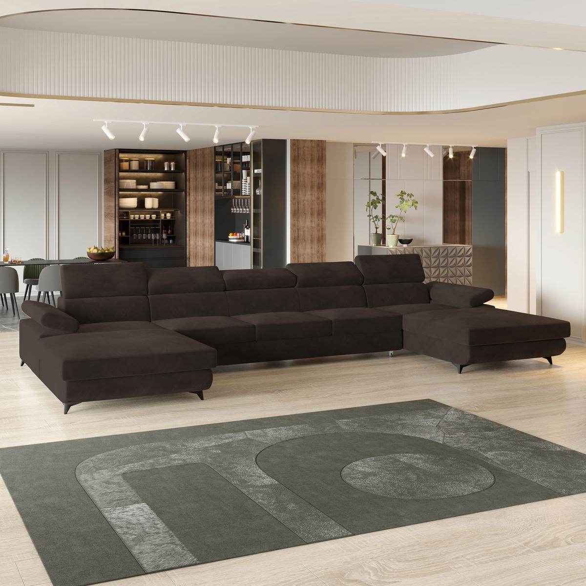 WOHNLANDSCHAFT VIVENTE Braun Velours-Stoff mit Schlaffunktion - Braun, Holz (410/89/190cm) - MASSENO