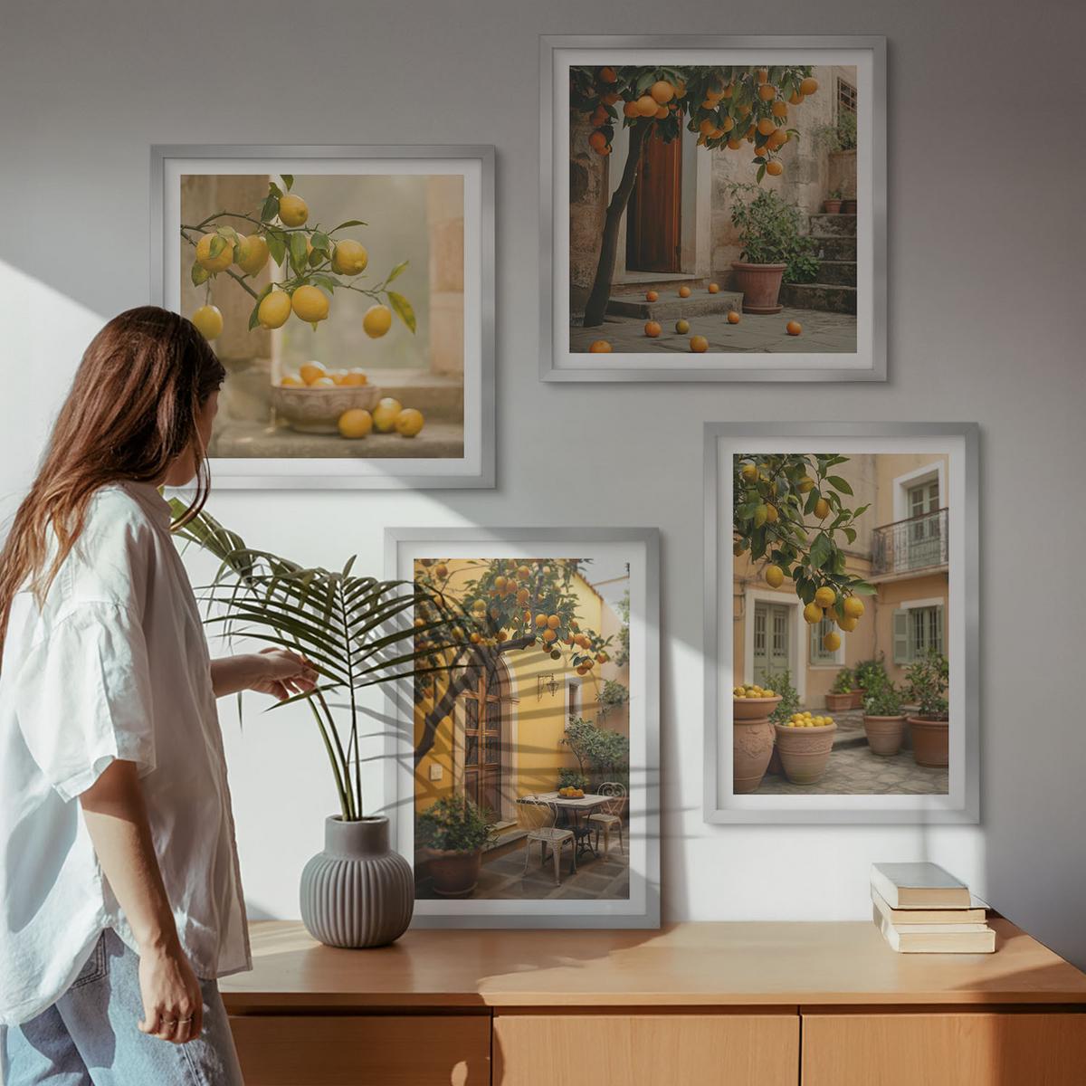 BILDER SET 4er Set - 50x50 cm & 40x60 cm Silberner Rahmen - Zitrusgarten in der Sonne - Silberfarben, Kunststoff (50/50cm) - TULUP