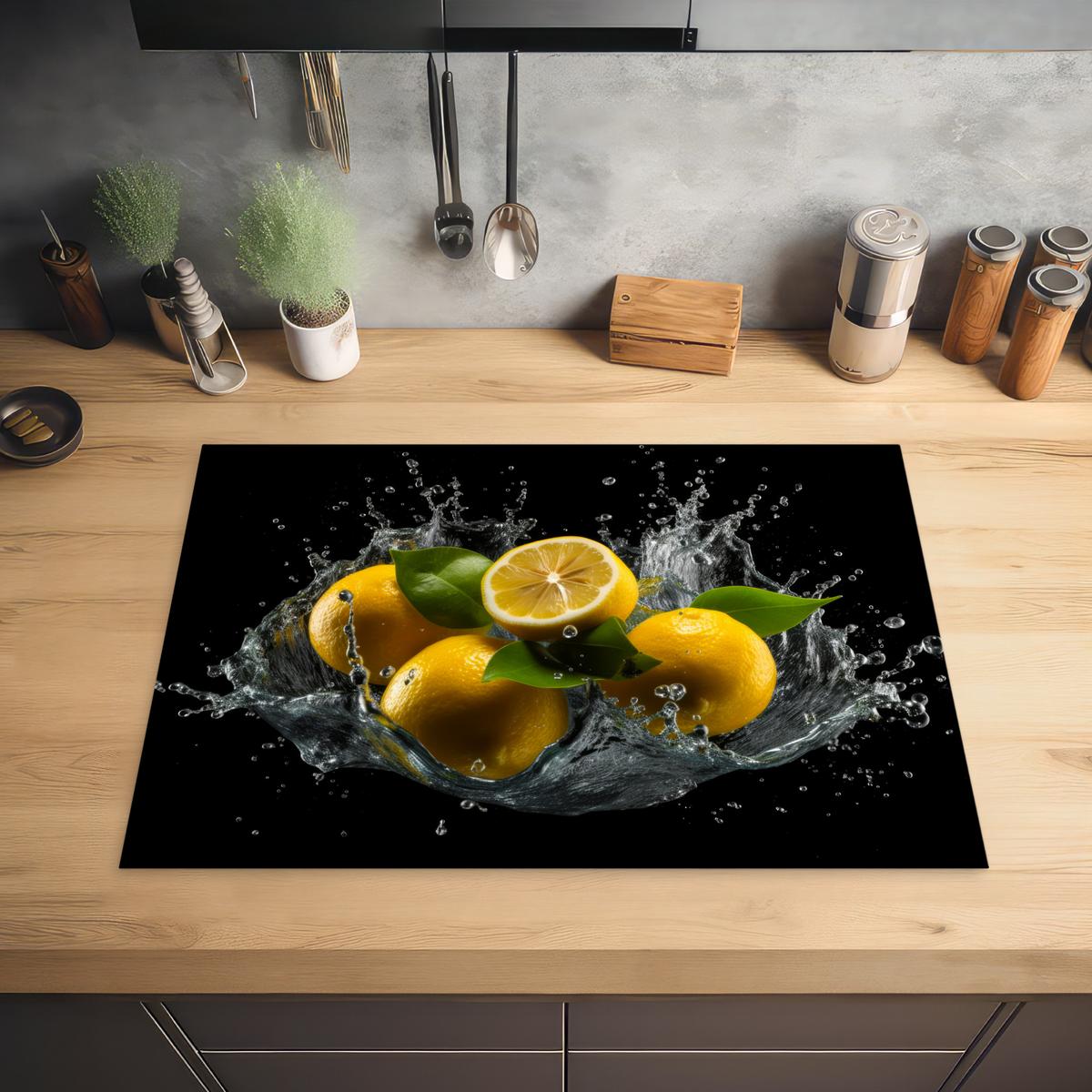 HERDABDECKPLATTE Zitrone - Obst - Gelb - Schwarz Herdabdeckung Induktionsfeld 75x52 cm - Gelb, Kunststoff (75/52/0.2cm) - MuchoWow