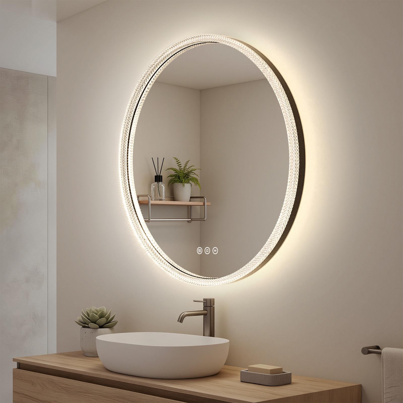 BADSPIEGEL Rund mit LED-Beleuchtung Ø 60 cm, schwarzer Rahmen, 3 Lichtfarben, beschlagfrei - Schwarz, Glas (60/60/4.3cm) - EMKE