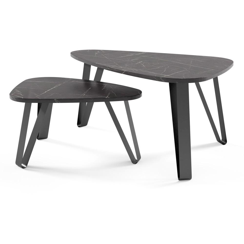 COUCHTISCH Ovio, Doppel Kaffeetisch mit dreieckigen Tischplatten, Schwarz+Black Pietra Girgia - Schwarz, Metall (60/94/42cm) - Beautysofa