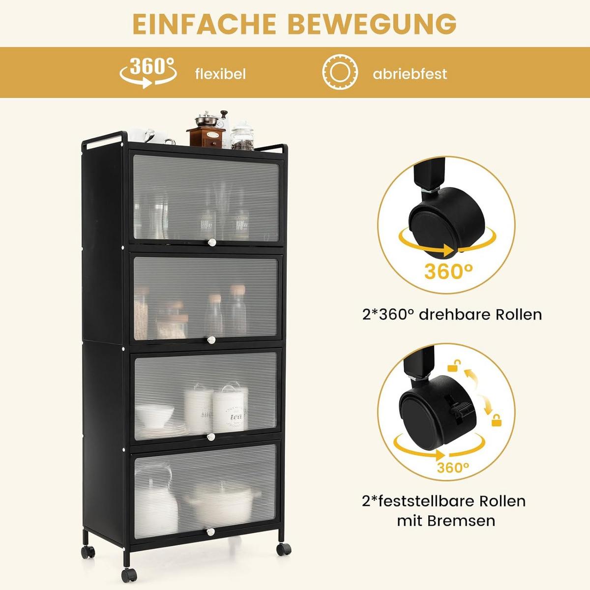 KUCHENSCHRANK Mit Rollen Schwarz - Schwarz, Metall (60/154/32cm) - COSTWAY