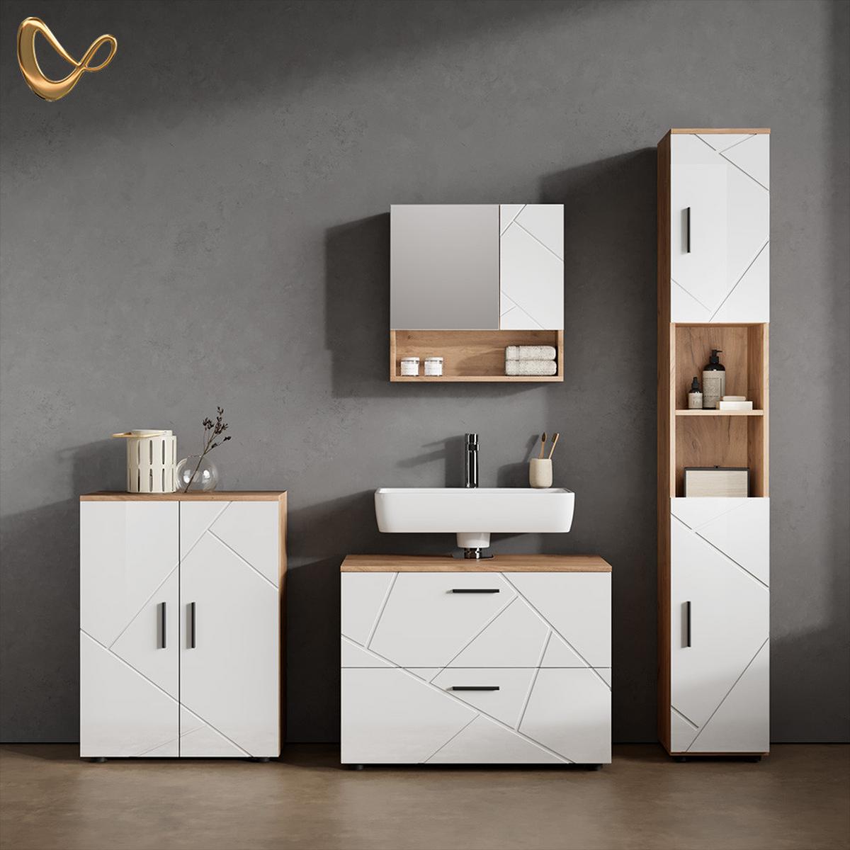 BADMÖBEL-SET Ronco Weiß Hochglanz/Goldkraft Eiche 4 Teile, mit Schubladenschrank und Midischrank - Honigeiche/Weiß Hochglanz, Holzwerkstoff (80/58/41cm) - Livinity®