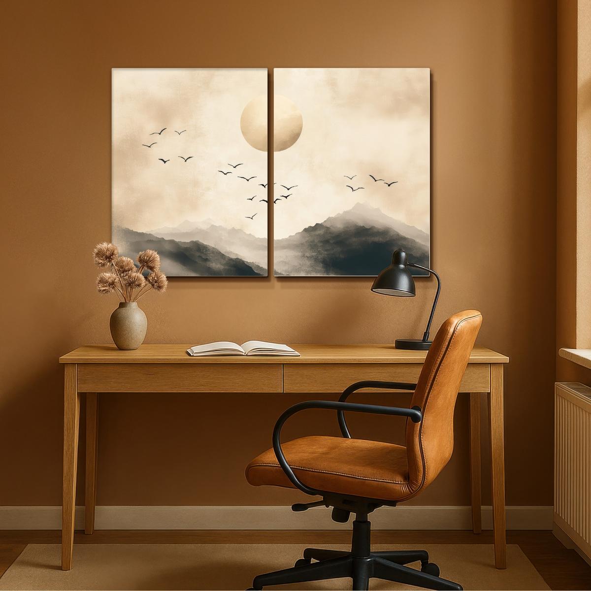 LEINWANDBILD 2er Set Landschaft - Japandi - Beige - Vögel 100x70 cm - Beige, Textil (100/70cm) - MuchoWow