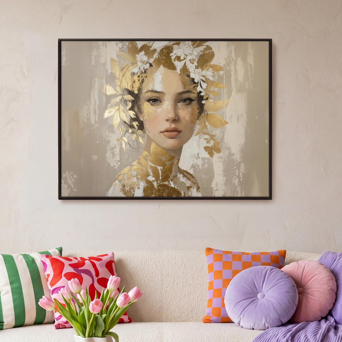 LEINWAND Bilder mit Rahmen - Gesicht - Frau - Blätter - Gold - 100x70 - Beige, Textil (100/70cm) - MuchoWow