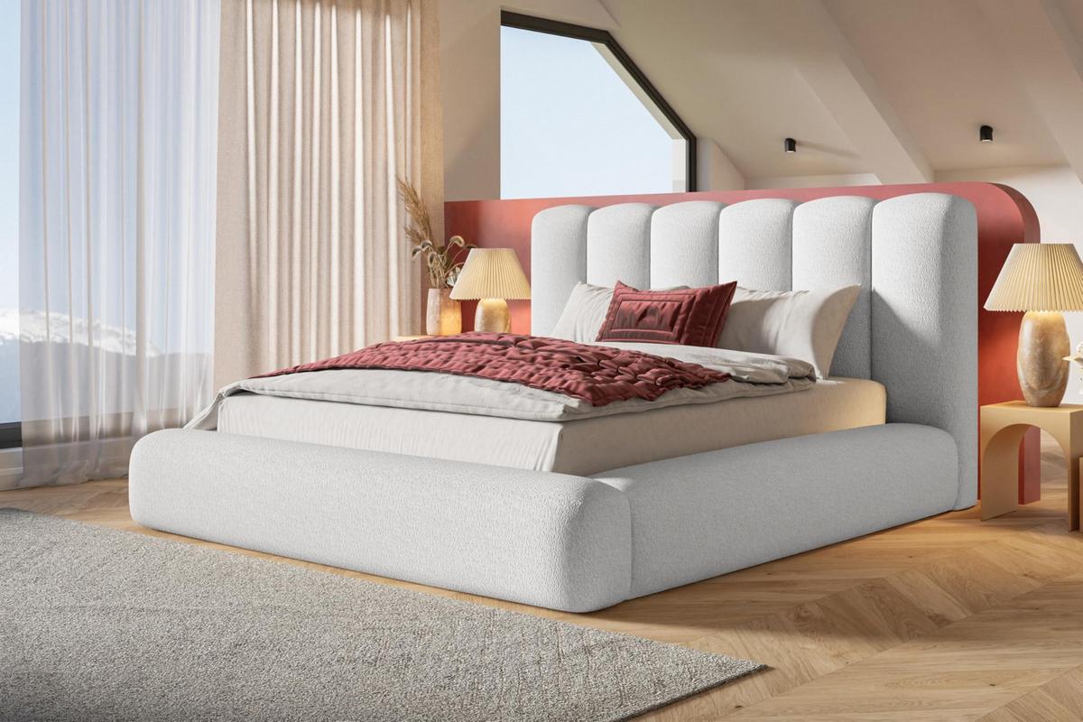 BETT 140x200 - Polsterbett mit Bettkasten und Metallrahmen - Modern Bett - Eleganter Catch Me-Stoff - Kollektion Alva Maxi - Weiß - Weiß, Holz/Textil (140/200cm) - Alpi-Möbel