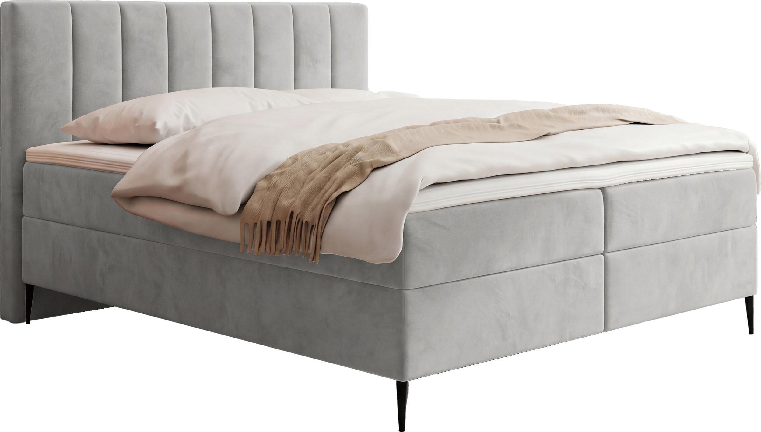 BOXBETT Allen mit Bettkasten, Samt Hellgrau 140x200 cm – inkl. H4 Taschenfederkern Matratze & Foam Topper - Hellgrau/Schwarz, Holz/Holzwerkstoff (140/200cm) - WFL GROUP